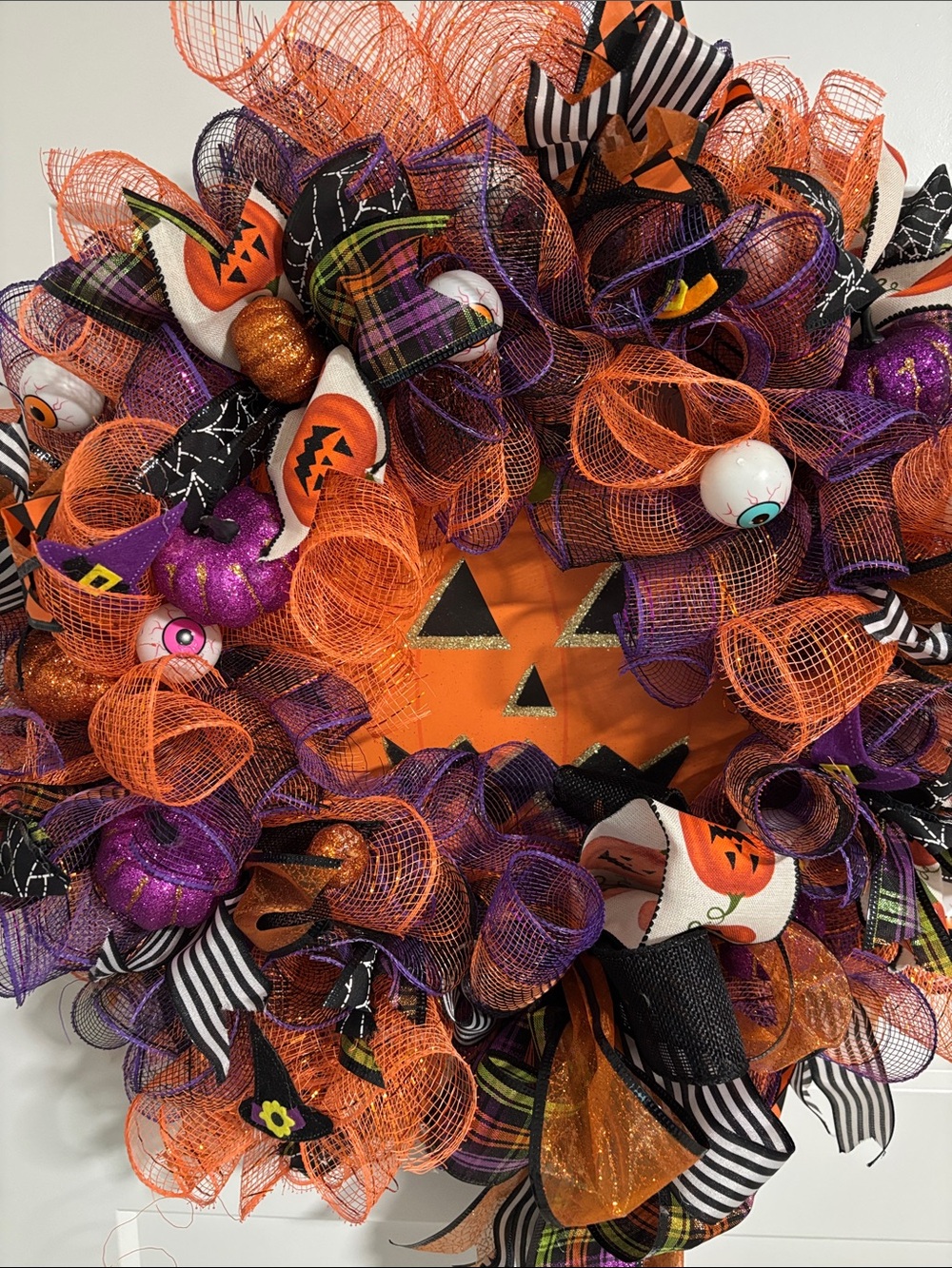 Hand Crafted Halloween Mesh Wreath in Orange, Purple & Black